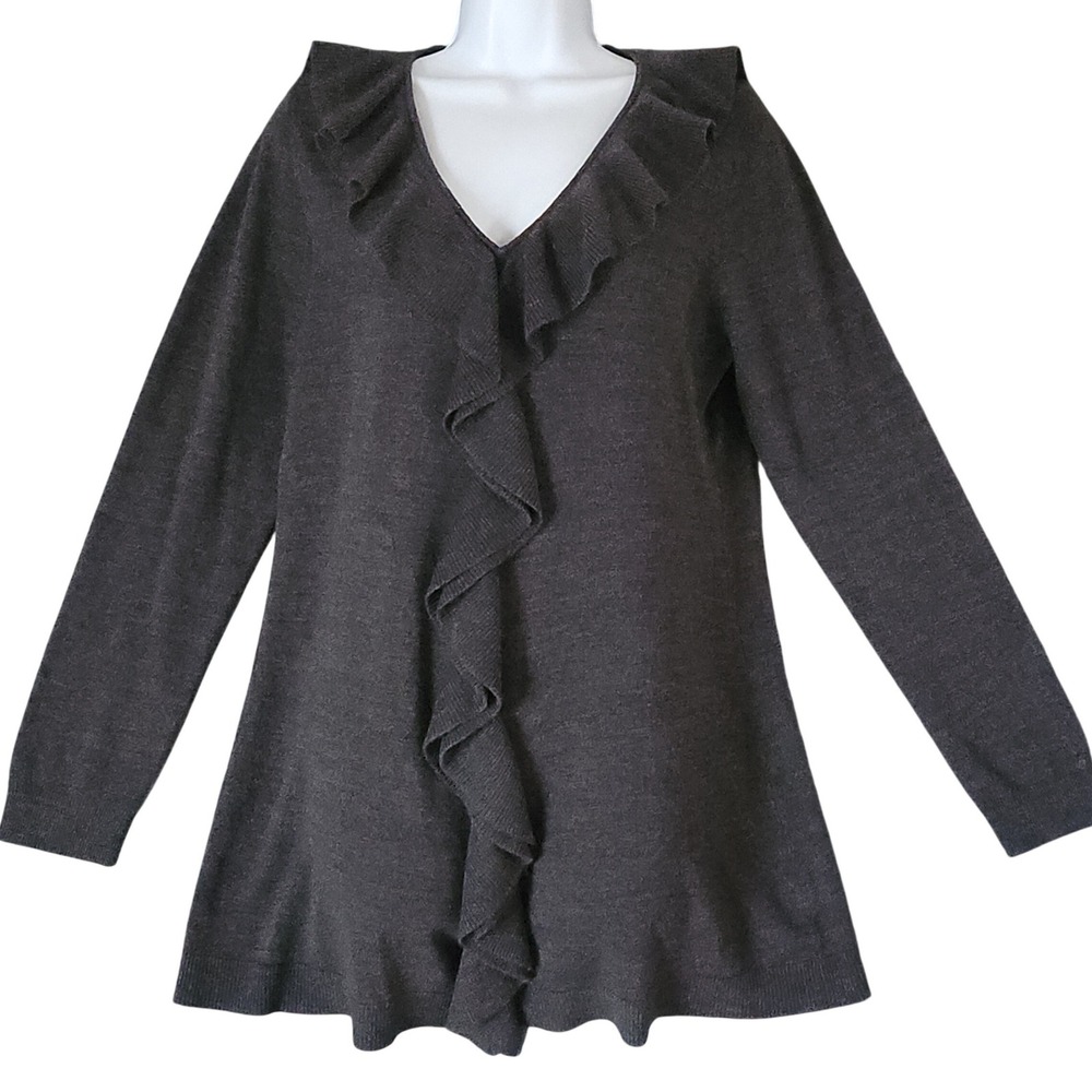 One World Boho Ruffle Front V-Neck Tunic Sweater Gray Women's Large EUC